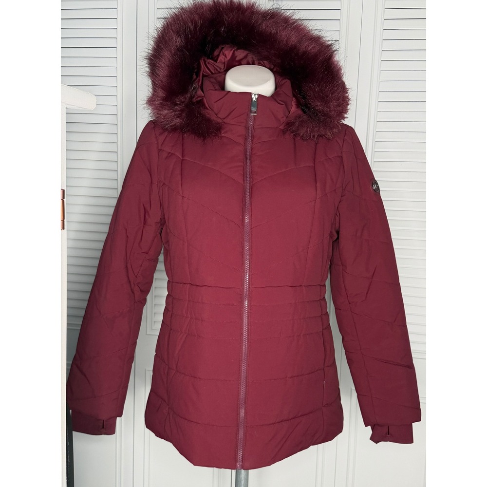 London Fog Puffer Jacket Womens XL Burgundy Excellent Faux Fur Trim Hood Quilted